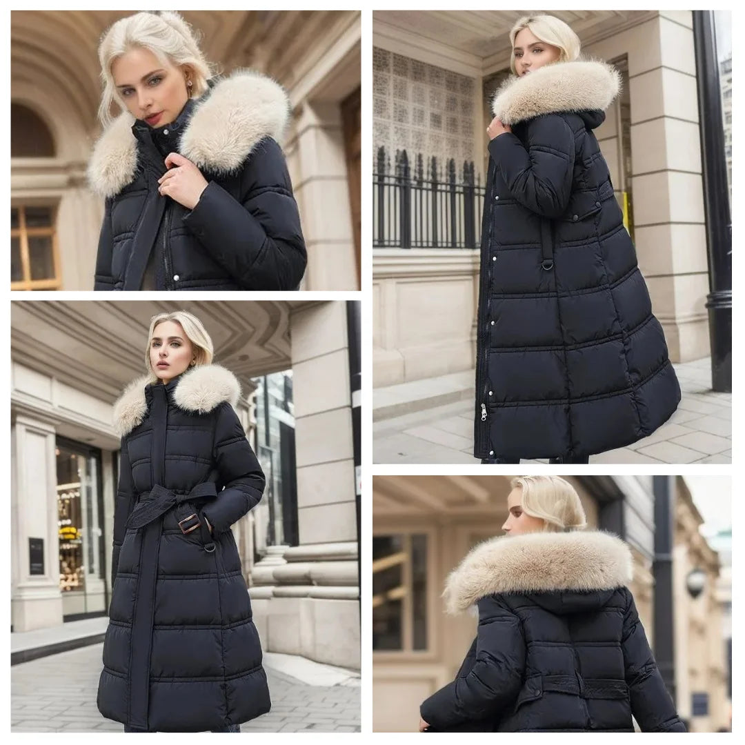 Designer winter parka with fur hood in Black and White, another view