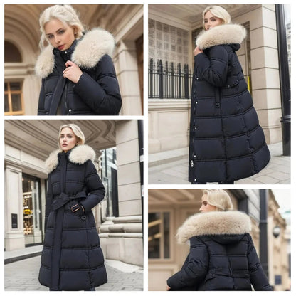 Designer winter parka with fur hood in Black and White, another view
