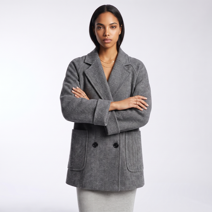 Sunoire double breasted herringbone wool coat colorway gray front crop 01