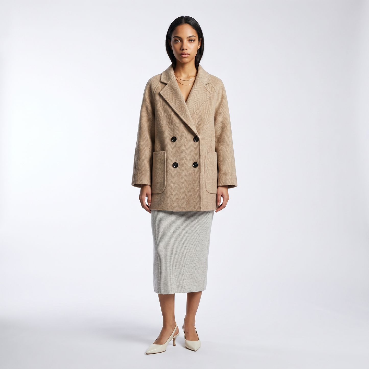 Sunoire double breasted herringbone wool coat front hero 01