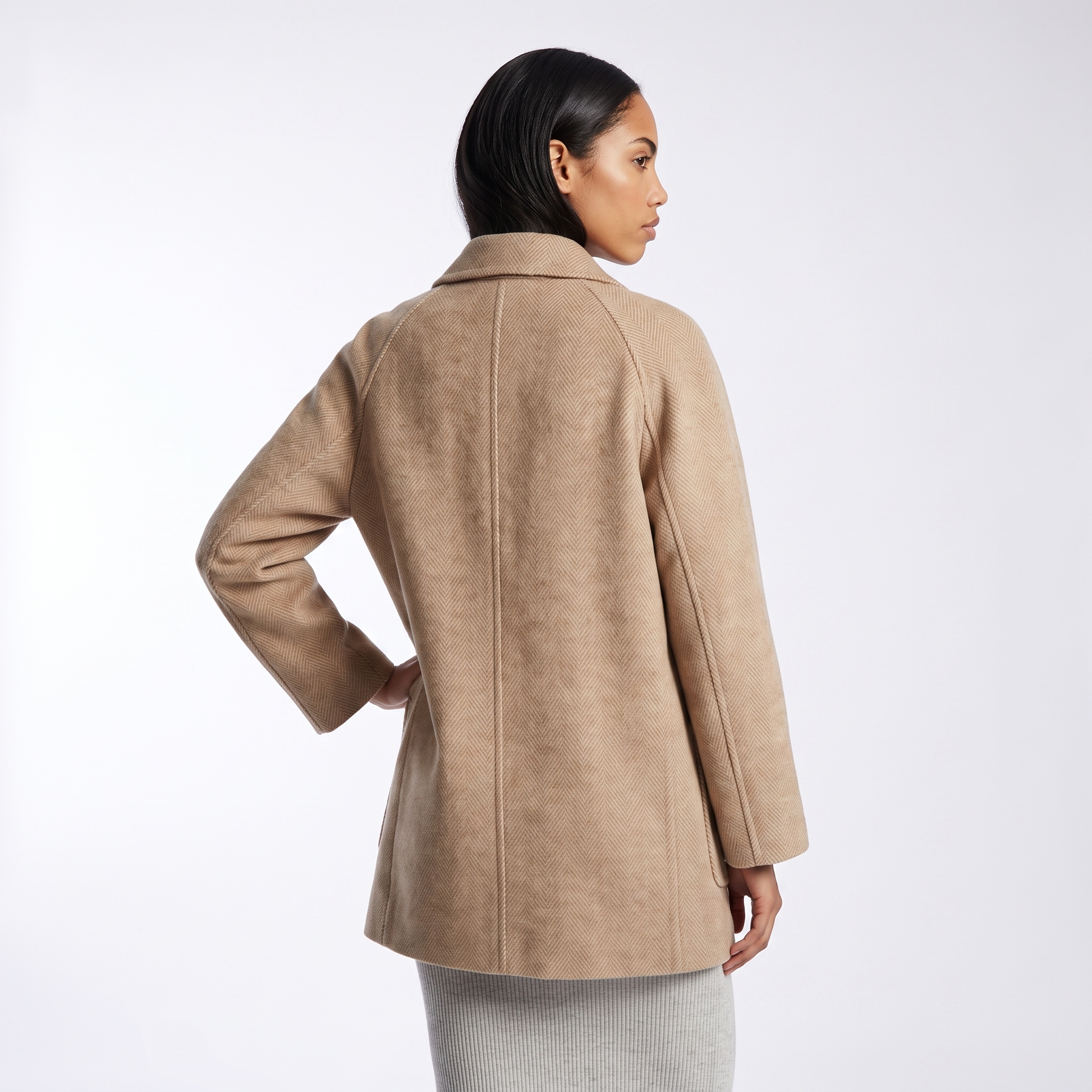 Sunoire double breasted herringbone wool coat top back crop 01
