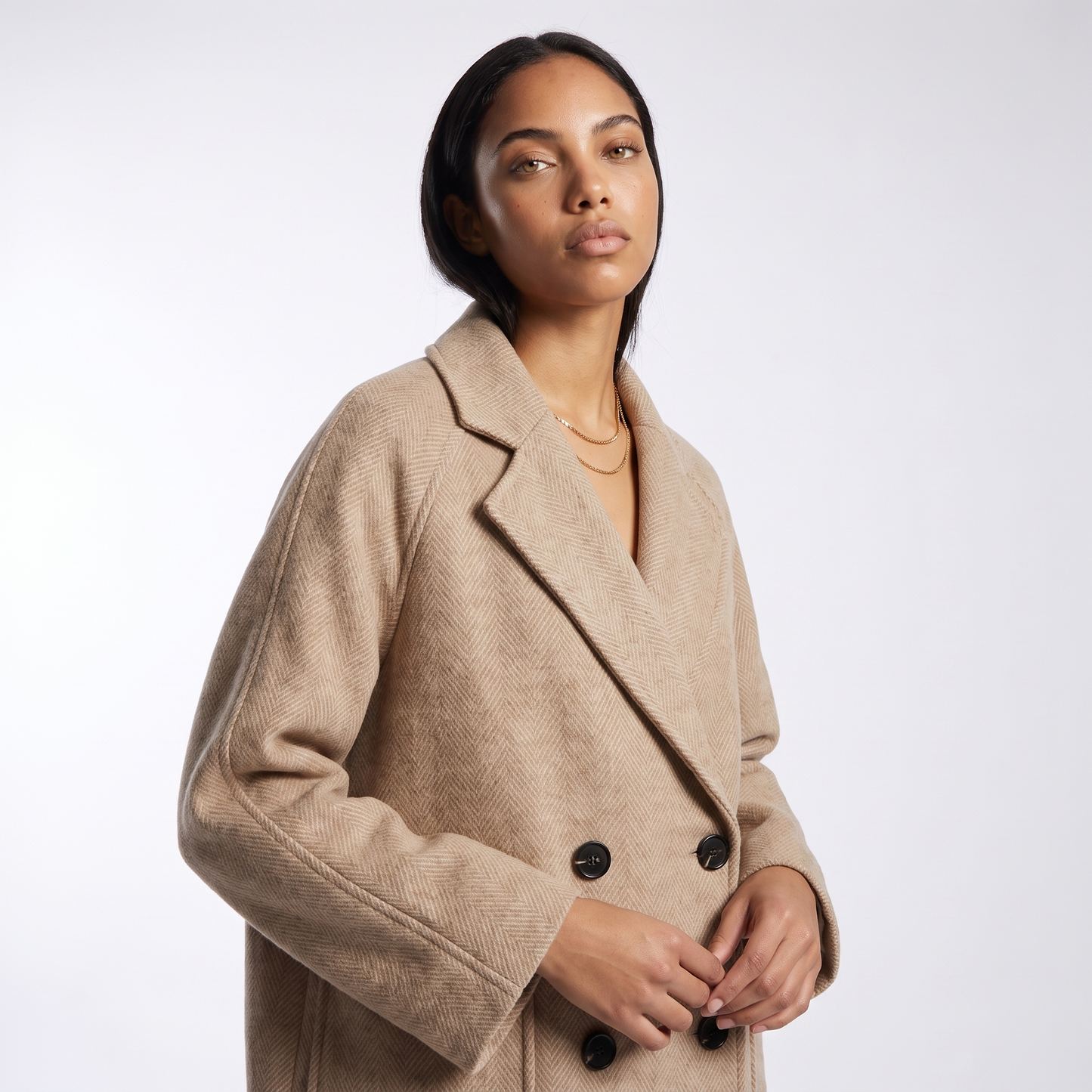 Sunoire double breasted herringbone wool coat top crop 3q 01
