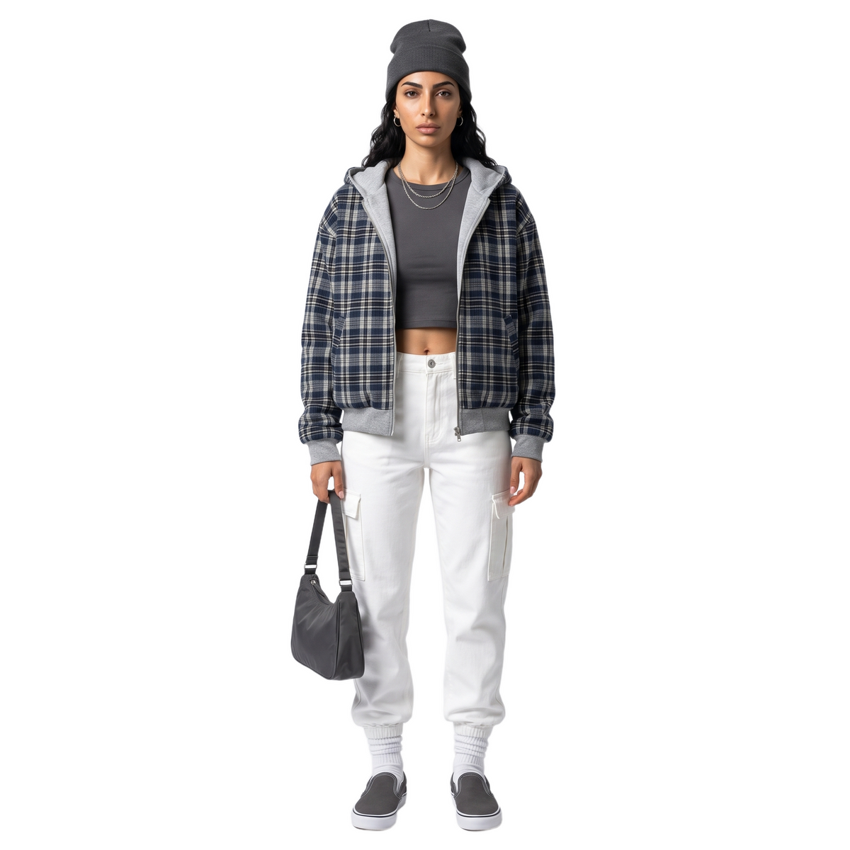 Sunoire double face cropped hooded jacket women grey sweatshirt navy plaid reversible zip hoodie casual street outer coat front hero 01