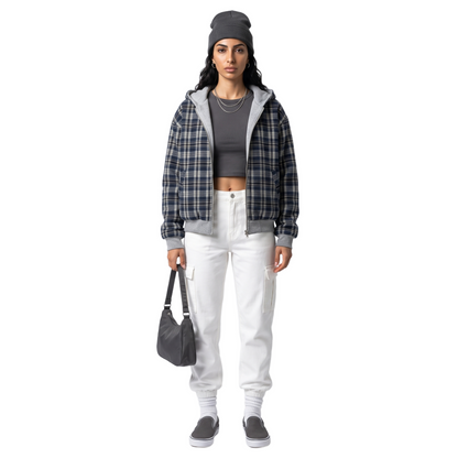 Sunoire double face cropped hooded jacket women grey sweatshirt navy plaid reversible zip hoodie casual street outer coat front hero 01