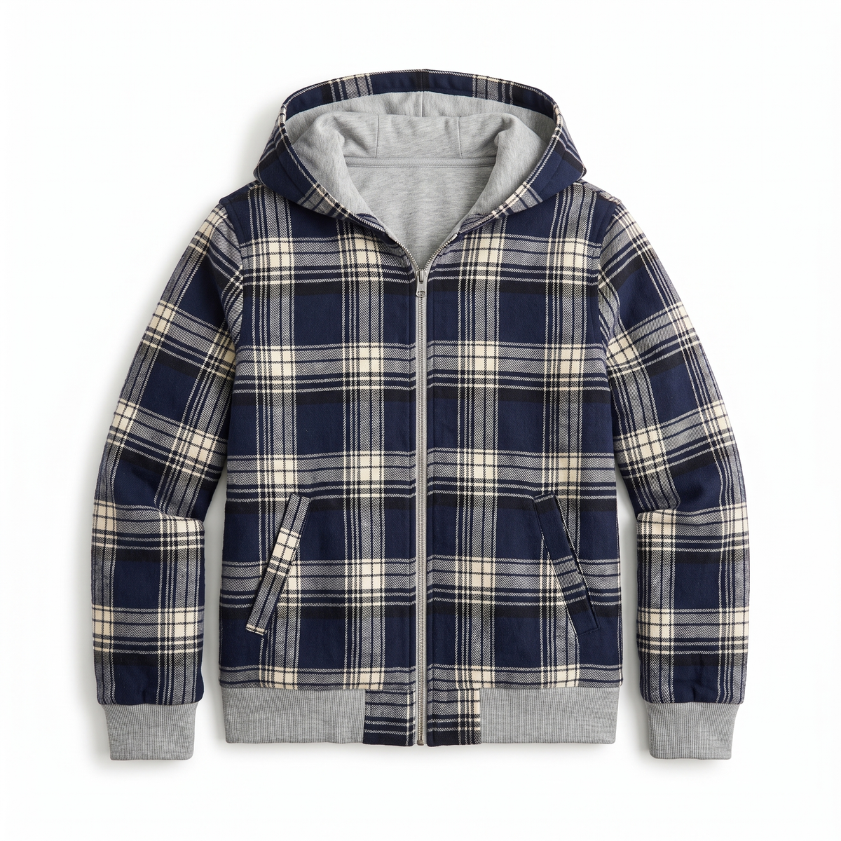 Sunoire double face cropped hooded jacket women grey sweatshirt navy plaid reversible zip hoodie casual street outer coat garment flatlay 01