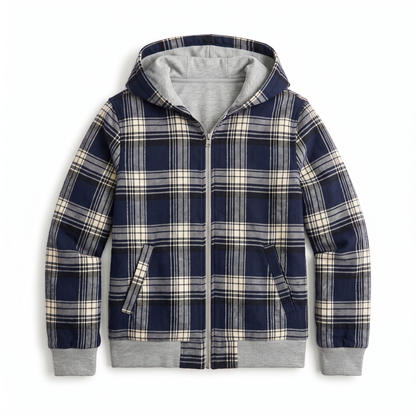Sunoire double face cropped hooded jacket women grey sweatshirt navy plaid reversible zip hoodie casual street outer coat garment flatlay 01