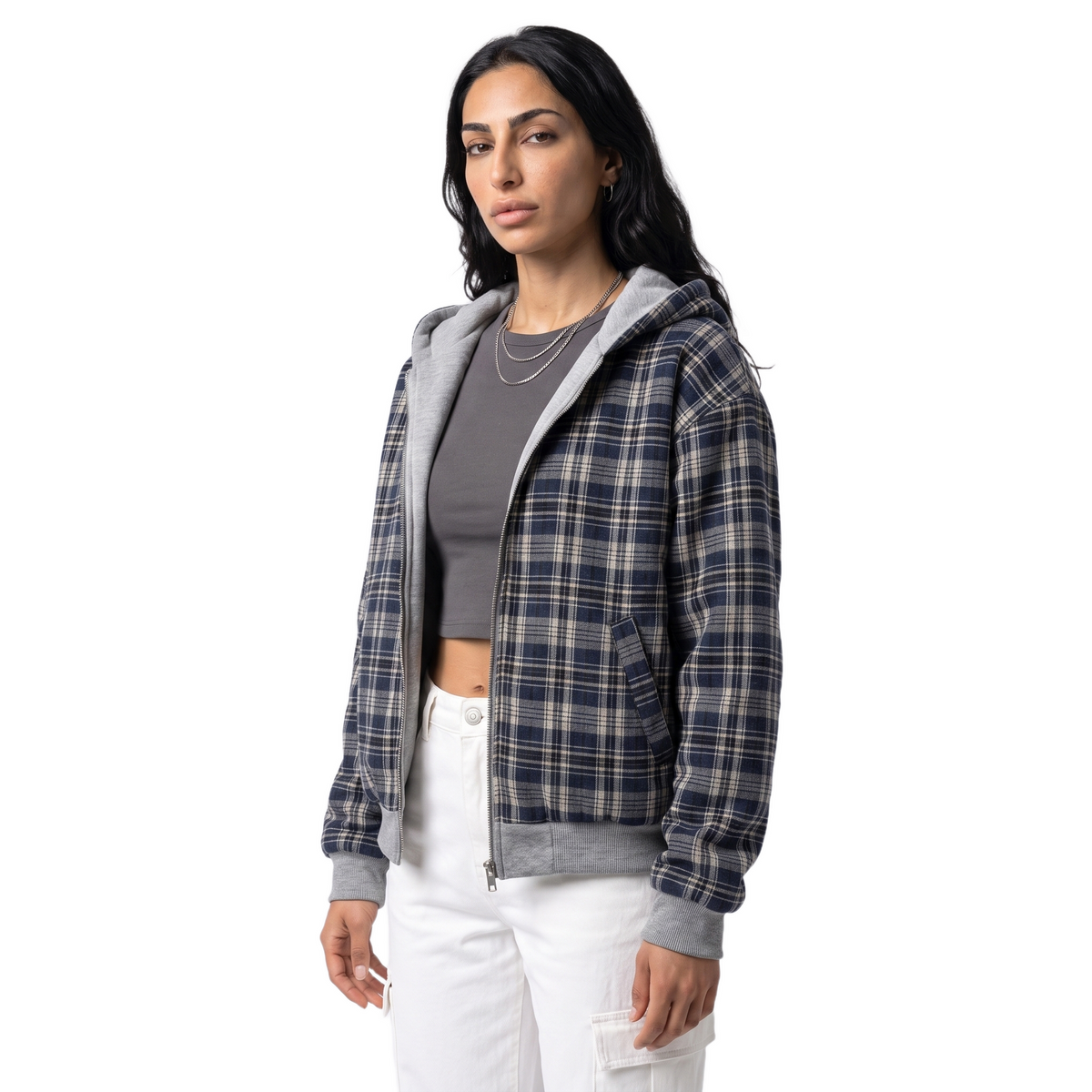 Sunoire double face cropped hooded jacket women grey sweatshirt navy plaid reversible zip hoodie casual street outer coat top crop 3q 01