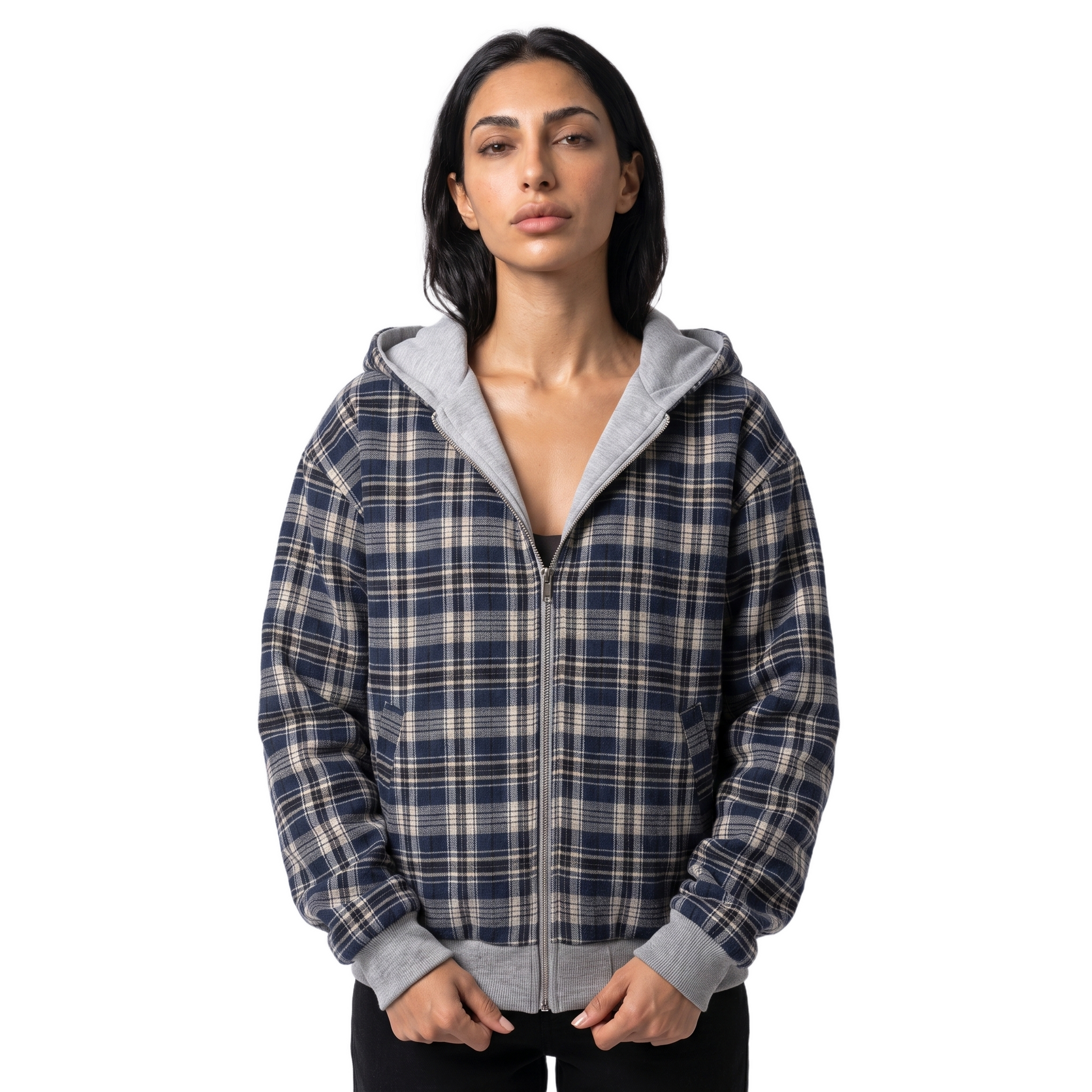 Sunoire double face cropped hooded jacket women grey sweatshirt navy plaid reversible zip hoodie casual street outer coat top front crop 01