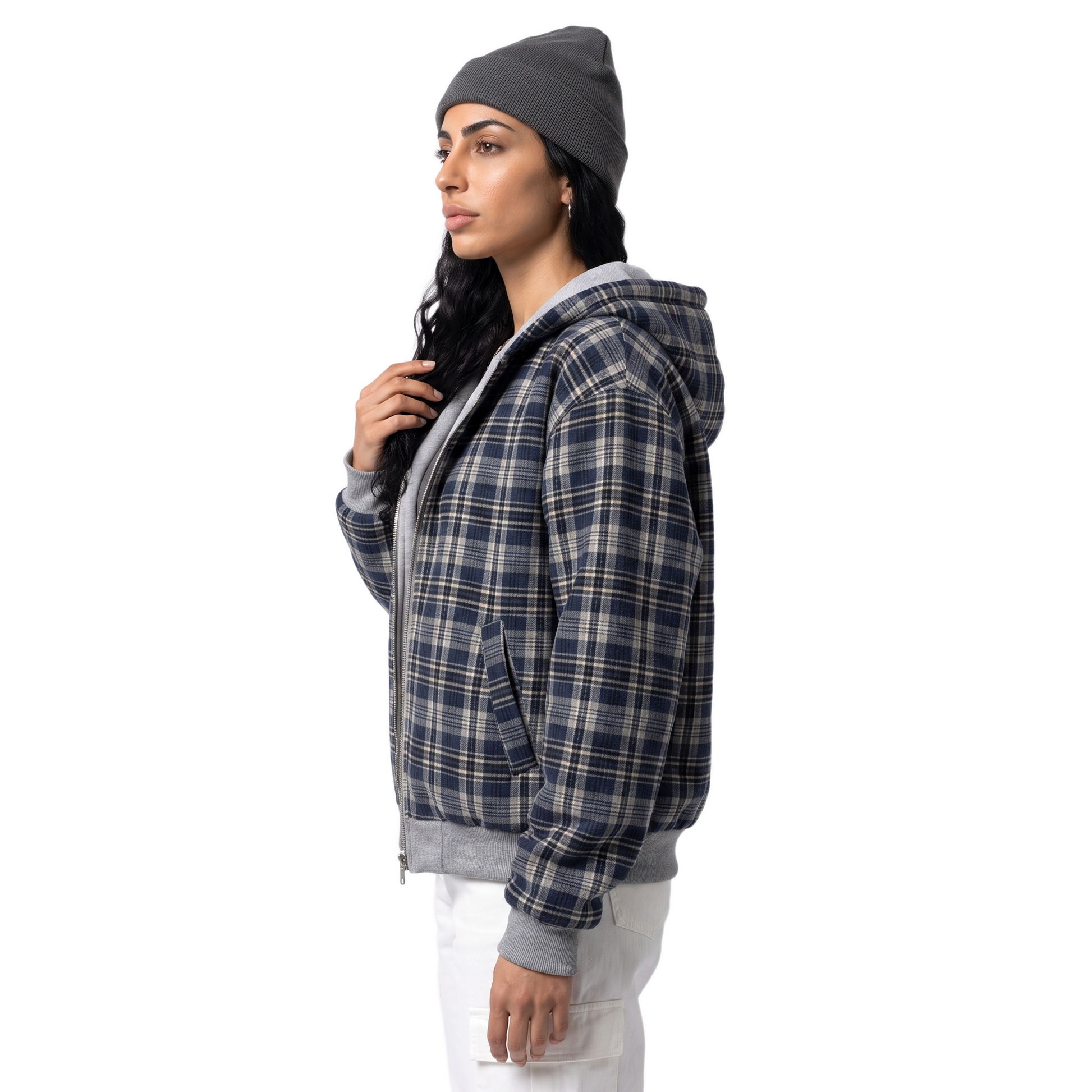 Sunoire double face cropped hooded jacket women grey sweatshirt navy plaid reversible zip hoodie casual street outer coat top side crop 01