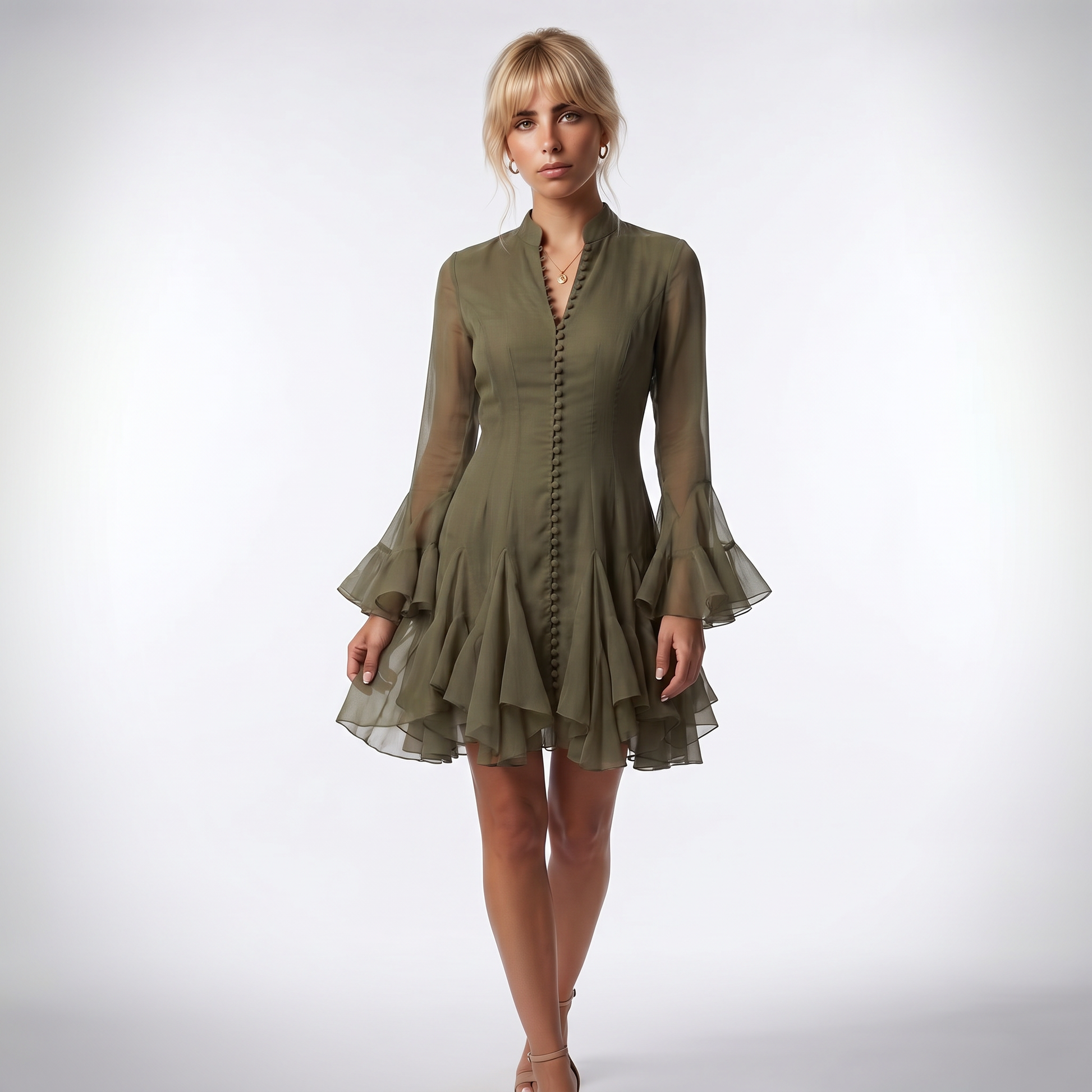 Sunoire dresses women lady elegant chic ruffle hem dress for women high neck long sleeve high end waist defining elegant dress colorway army green front hero 01