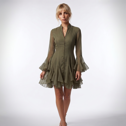Sunoire dresses women lady elegant chic ruffle hem dress for women high neck long sleeve high end waist defining elegant dress colorway army green front hero 01