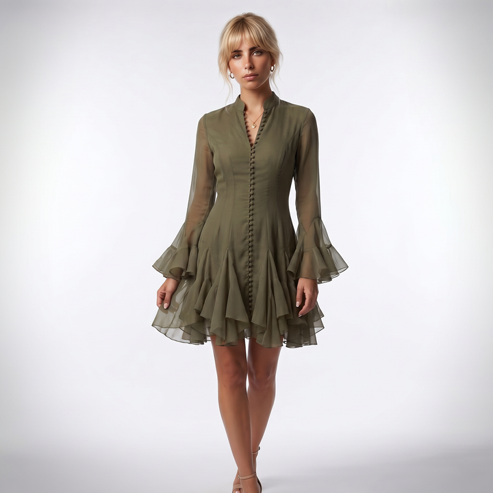 Tiered Ruffle High Neck Bell Sleeve Mini Dress – Wedding Guest Dress — Army Green
