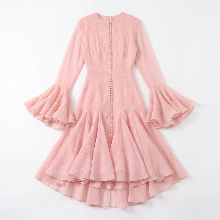 Sunoire dresses women lady elegant chic ruffle hem dress for women high neck long sleeve high end waist defining elegant dress garment flatlay 01