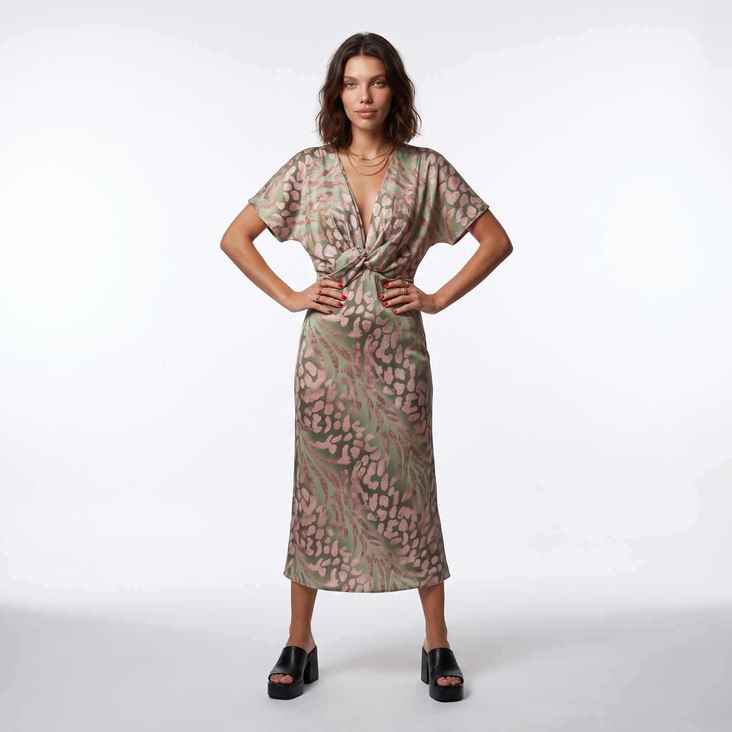 Sunoire edna green leopard print midi dress with twist front front hero 01