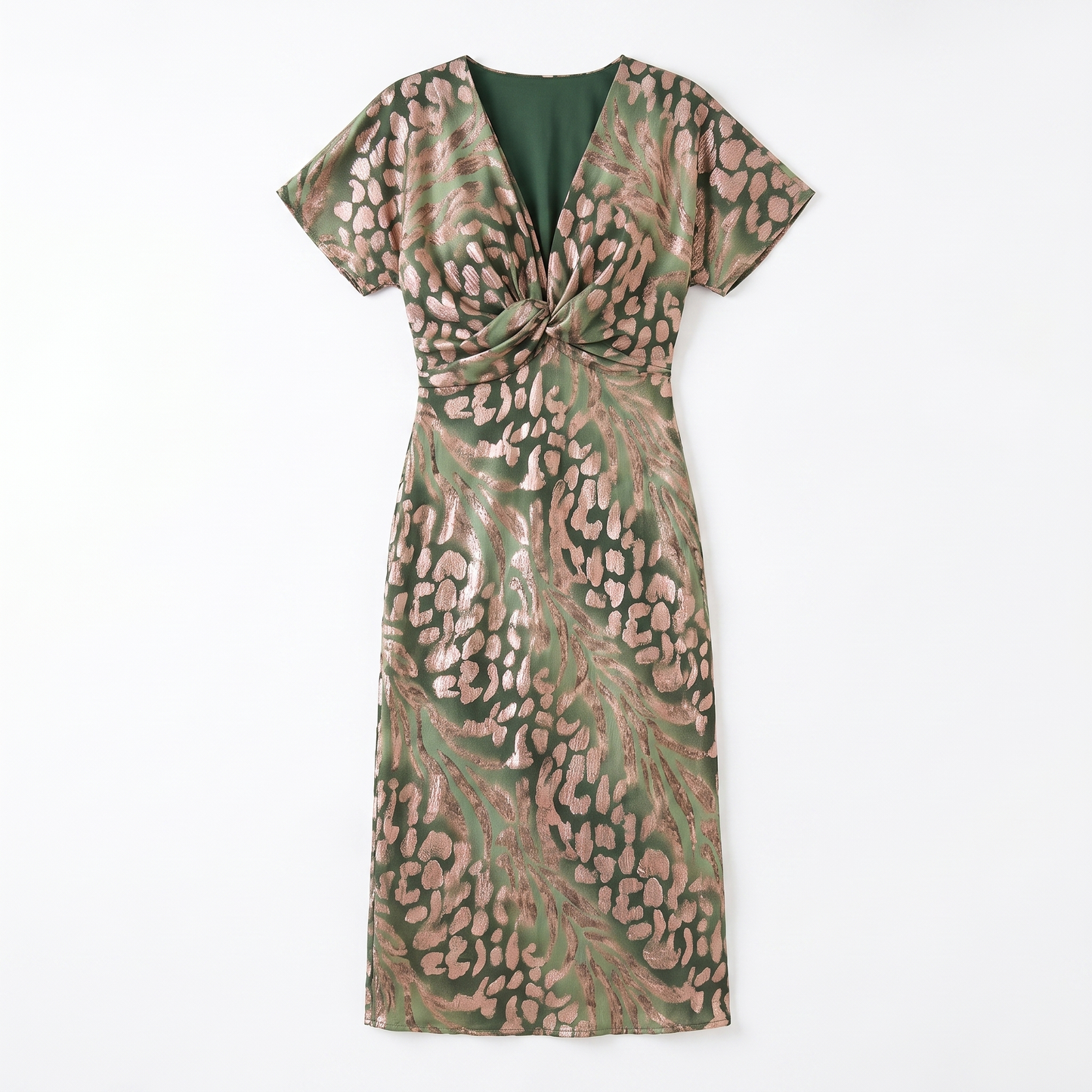 Sunoire edna green leopard print midi dress with twist front garment flatlay 01