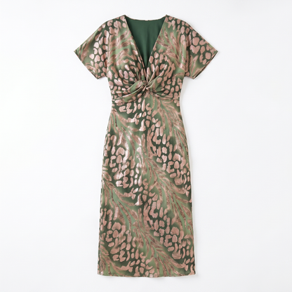 Sunoire edna green leopard print midi dress with twist front garment flatlay 01