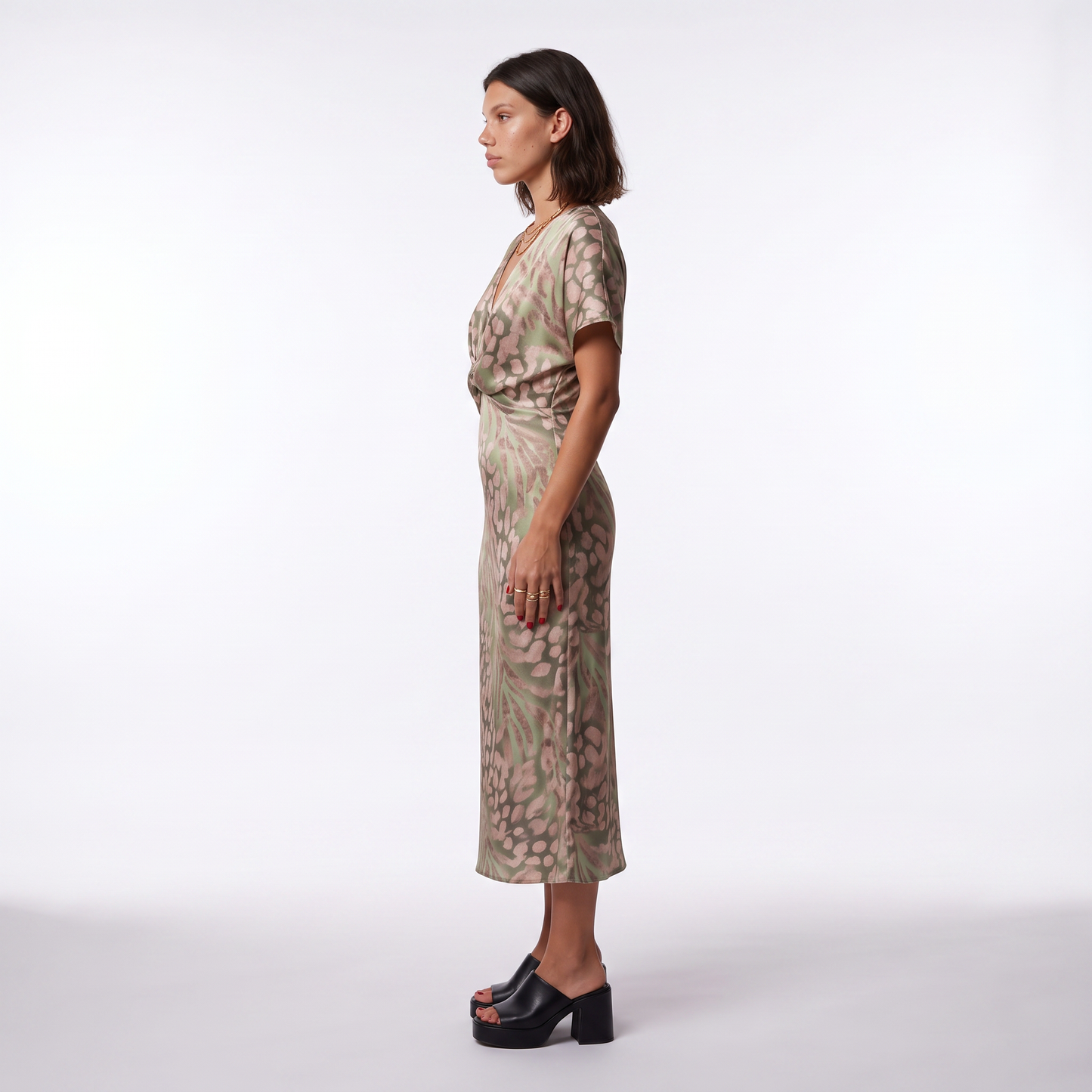 Sunoire edna green leopard print midi dress with twist front side view 01