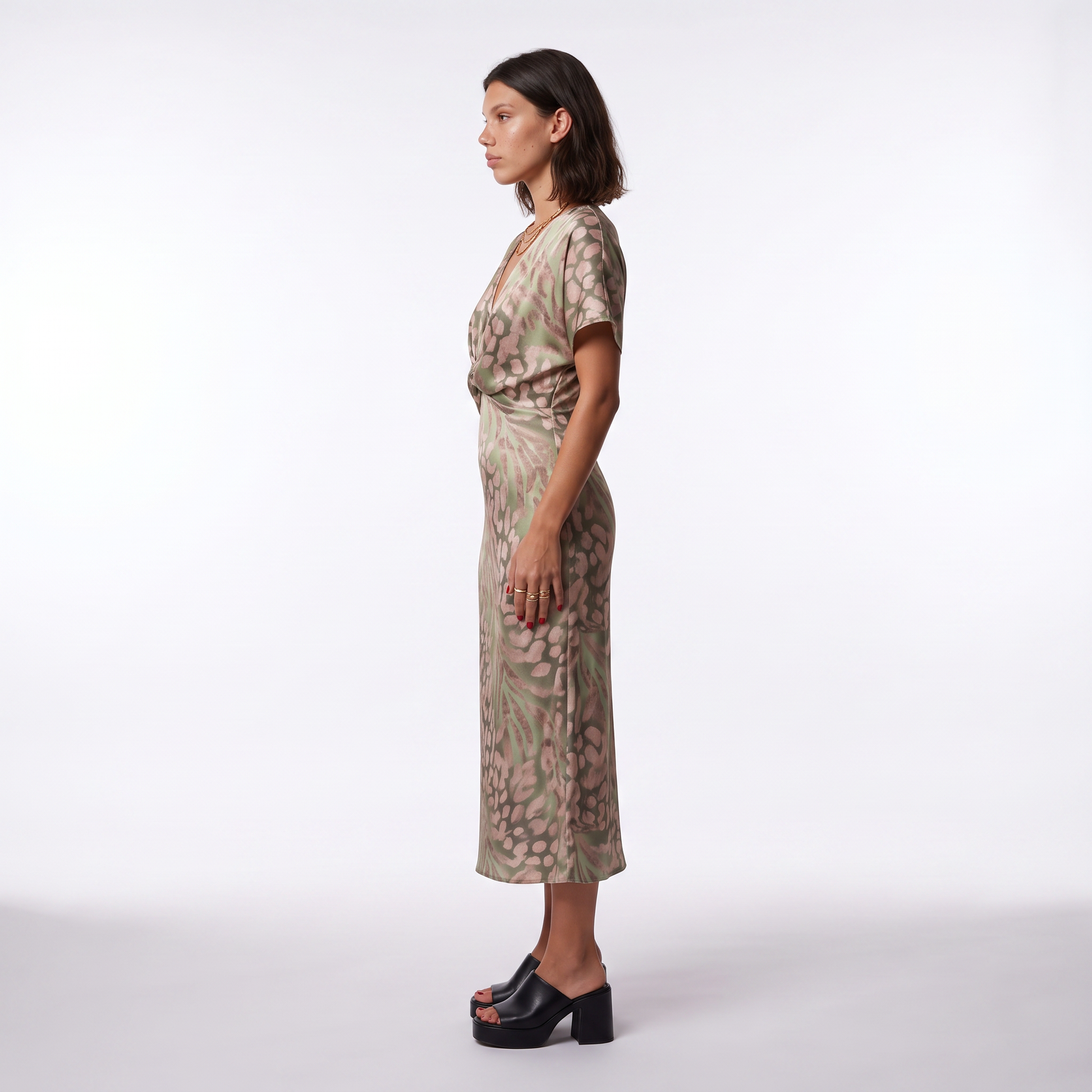 Sunoire edna green leopard print midi dress with twist front side view 01