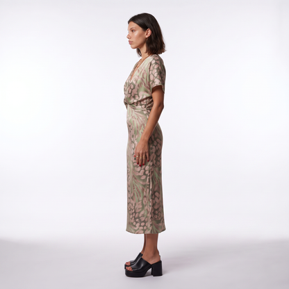 Sunoire edna green leopard print midi dress with twist front side view 01