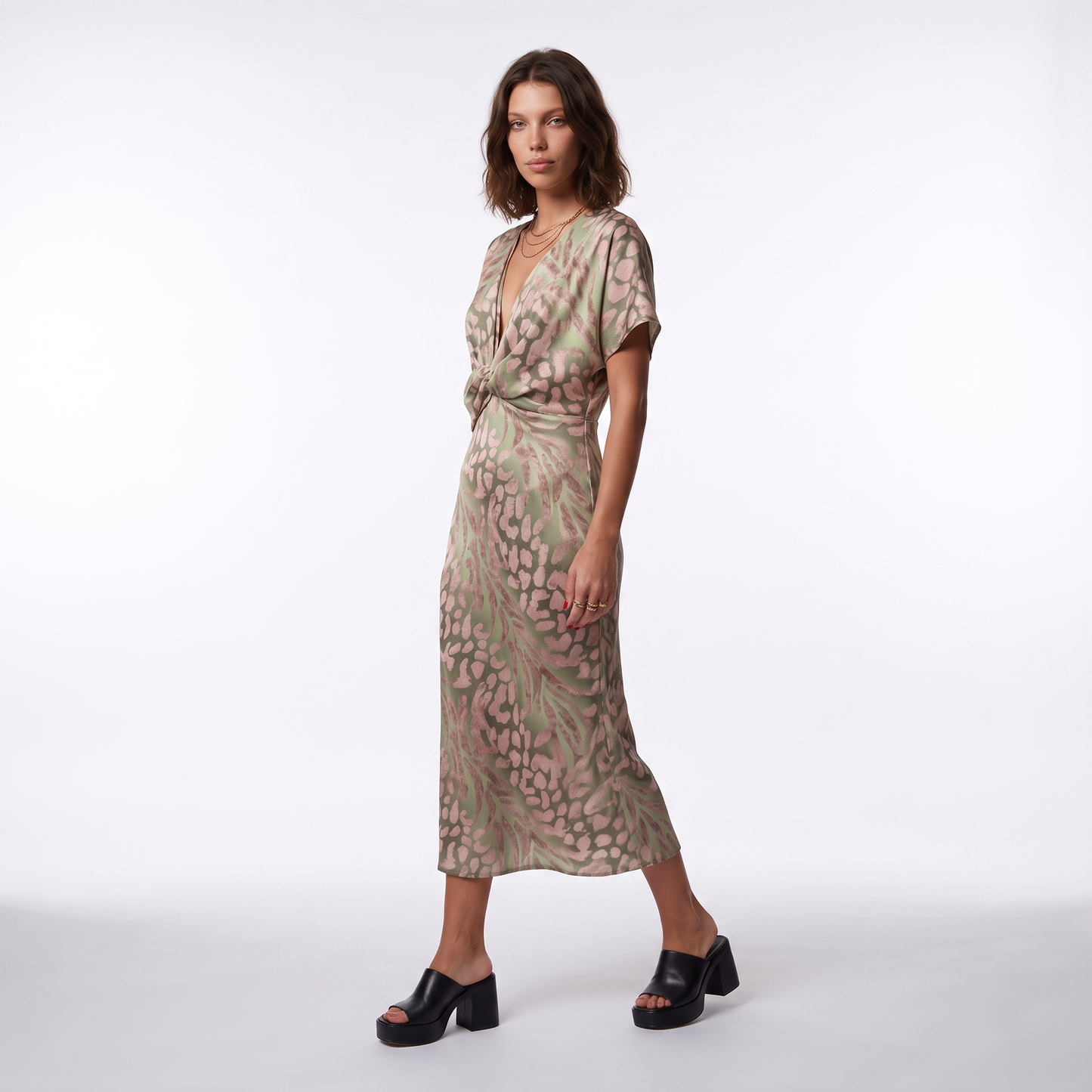 Sunoire edna green leopard print midi dress with twist front three quarter 01