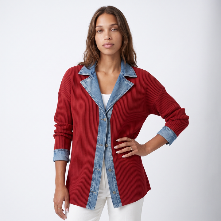 Women's Denim-Trim Button-Front Knit Jacket – White Autumn Layer — Red