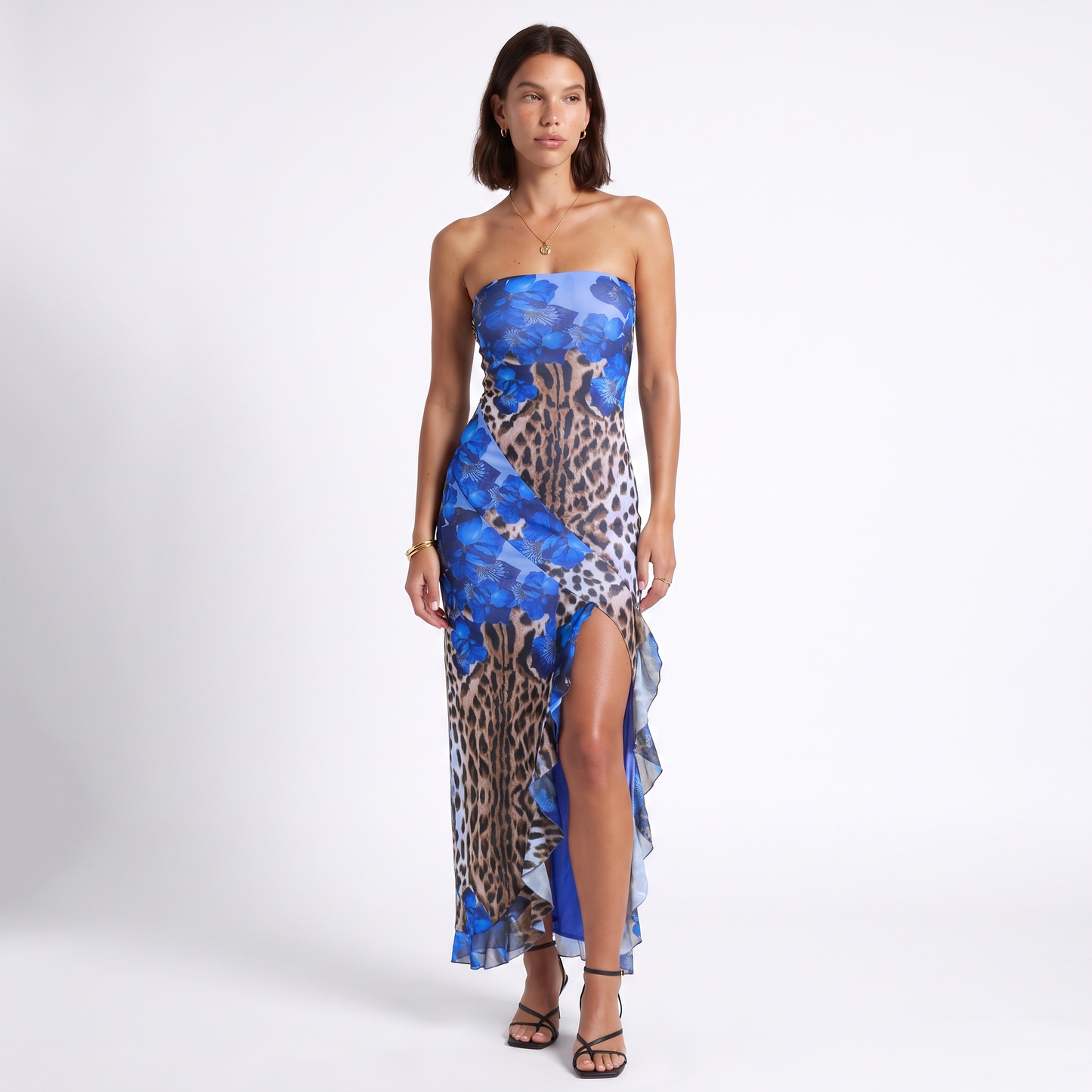 Sunoire elegant bandeau neckline sleeveless long skirt tube top dress with floral print slit high waist for women colorway blue front hero 01