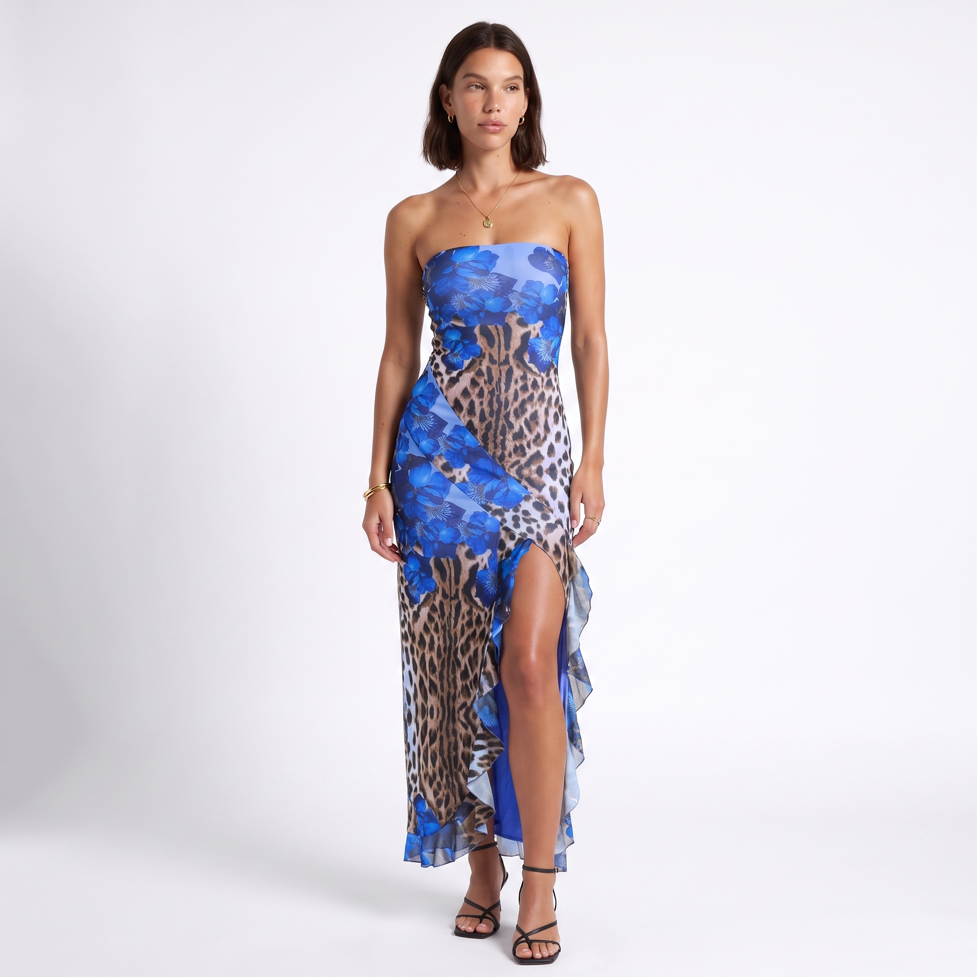 Sunoire elegant bandeau neckline sleeveless long skirt tube top dress with floral print slit high waist for women colorway blue front hero 01