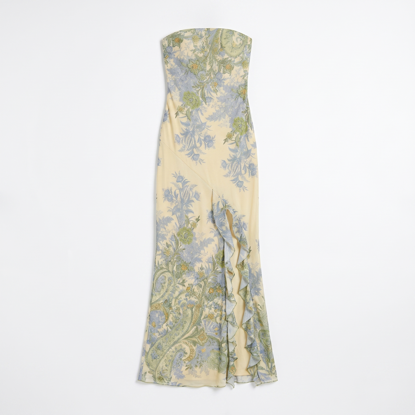 Sunoire elegant bandeau neckline sleeveless long skirt tube top dress with floral print slit high waist for women garment flatlay 01