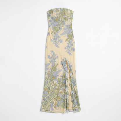 Sunoire elegant bandeau neckline sleeveless long skirt tube top dress with floral print slit high waist for women garment flatlay 01
