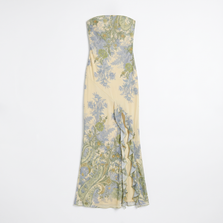 Sunoire elegant bandeau neckline sleeveless long skirt tube top dress with floral print slit high waist for women garment flatlay 01