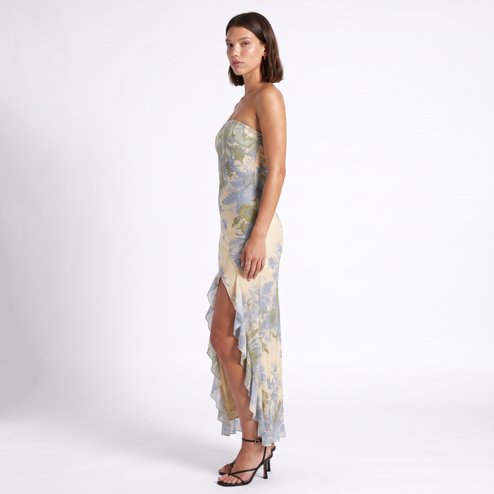 Sunoire elegant bandeau neckline sleeveless long skirt tube top dress with floral print slit high waist for women side view 01
