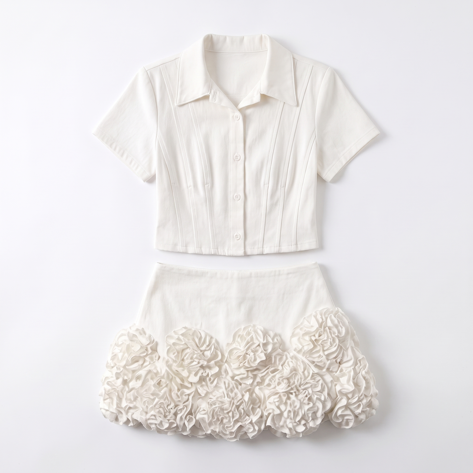Sunoire elegant fashion 2 piece skirt set white turndown collar shirt top and high waist floral mini skirt 2026 trendy feminine outfit garment flatlay 01