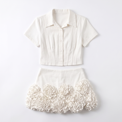 Sunoire elegant fashion 2 piece skirt set white turndown collar shirt top and high waist floral mini skirt 2026 trendy feminine outfit garment flatlay 01