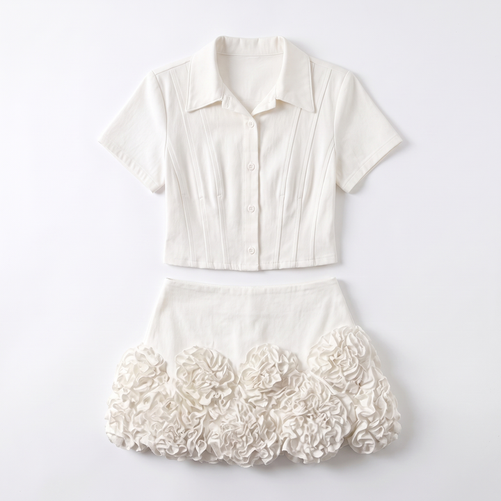 Sunoire elegant fashion 2 piece skirt set white turndown collar shirt top and high waist floral mini skirt 2026 trendy feminine outfit garment flatlay 01