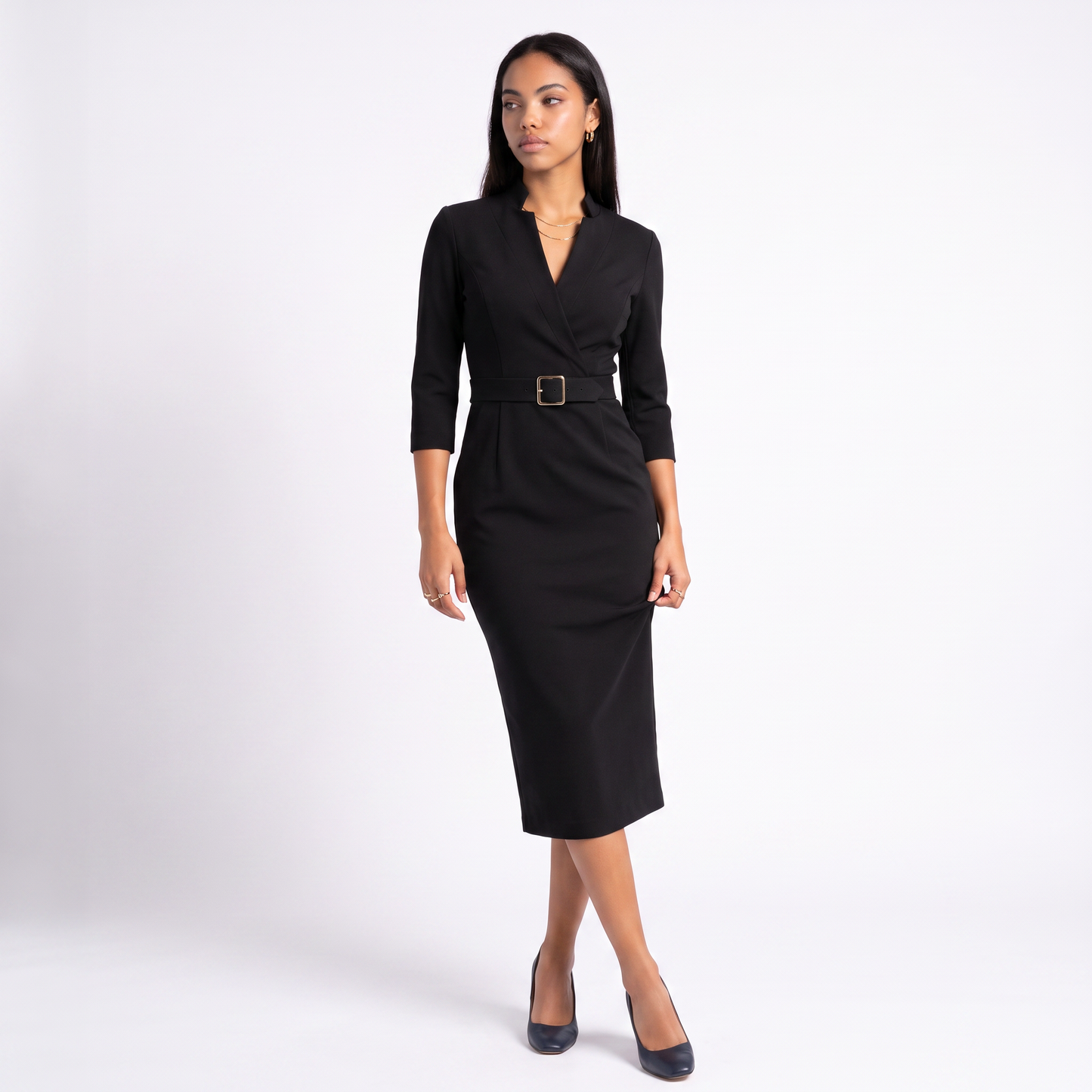 Sunoire elegant fitted midi dress with belt for women colorway black front crop 01