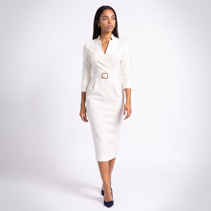 Sunoire elegant fitted midi dress with belt for women colorway white front crop 01