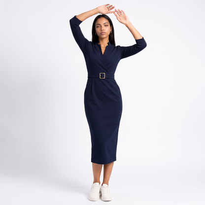 Sunoire elegant fitted midi dress with belt for women front hero 01