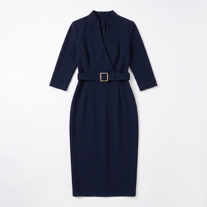 Sunoire elegant fitted midi dress with belt for women garment flatlay 01