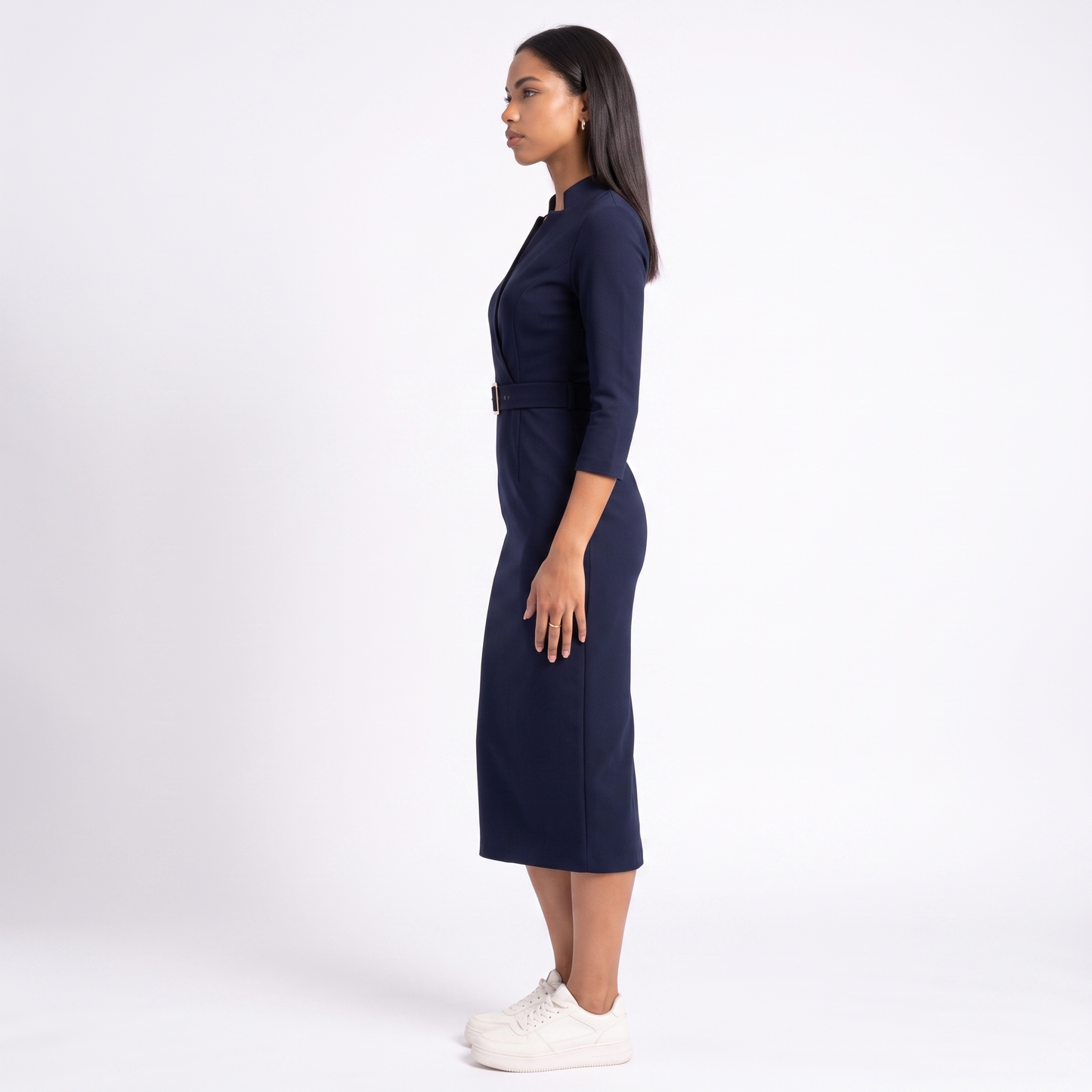 Sunoire elegant fitted midi dress with belt for women side view 01