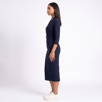 Sunoire elegant fitted midi dress with belt for women side view 01