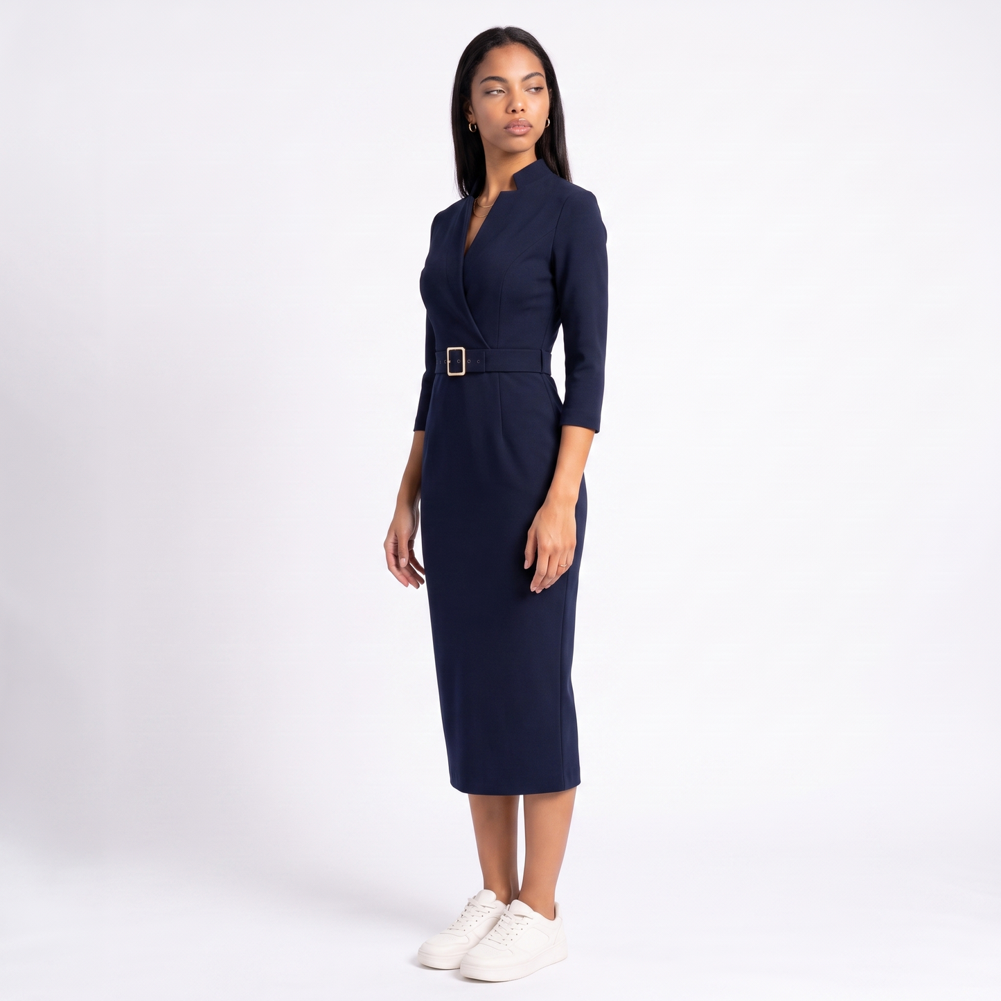 Sunoire elegant fitted midi dress with belt for women three quarter 01