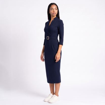 Sunoire elegant fitted midi dress with belt for women three quarter 01