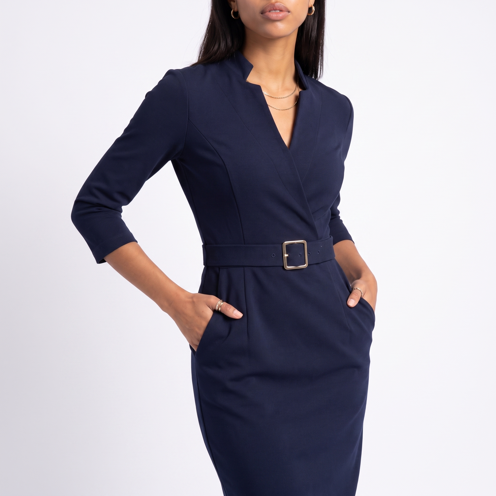 Sunoire elegant fitted midi dress with belt for women torso crop 01