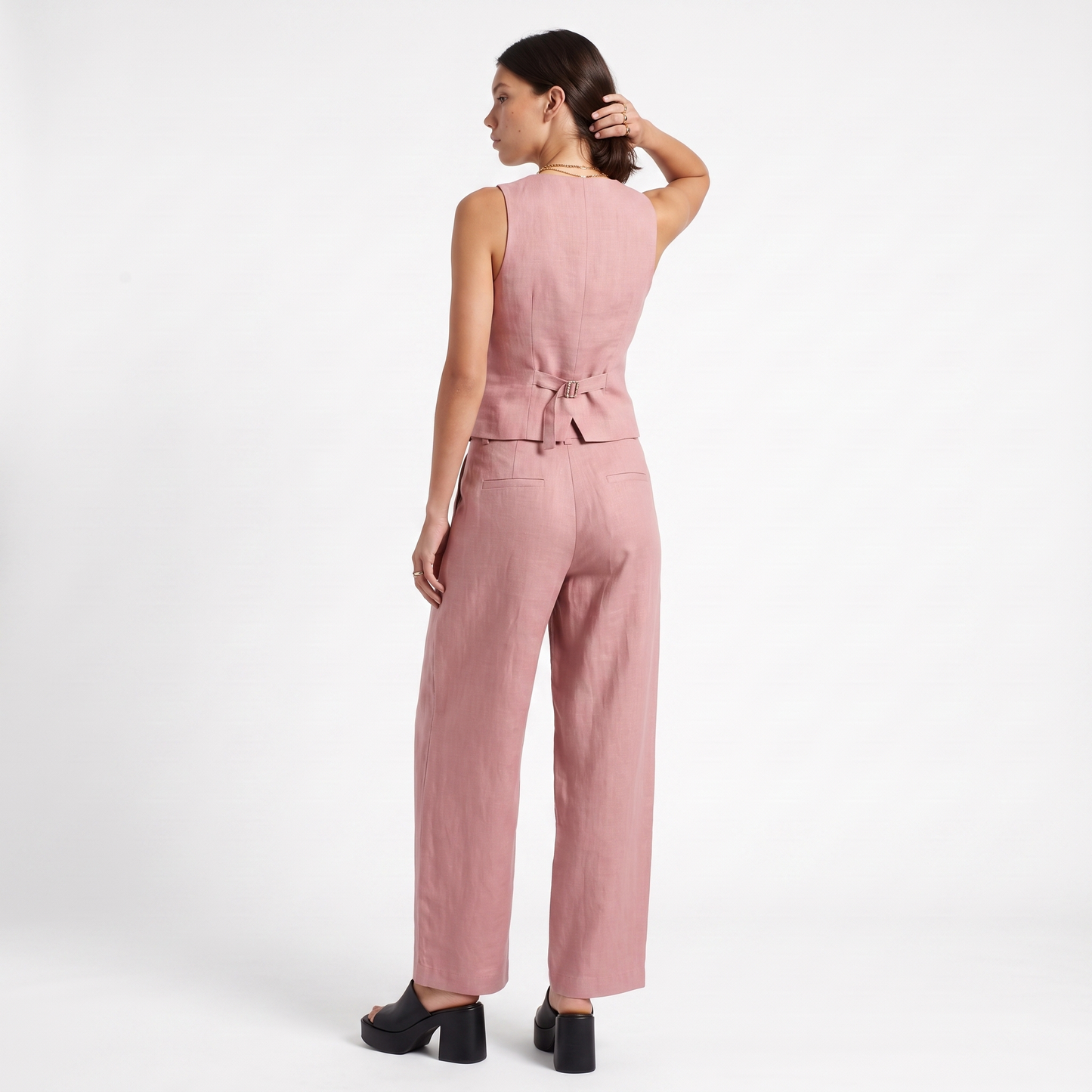 Sunoire elegant linen style waistcoat and wide leg trouser two piece set back view 01