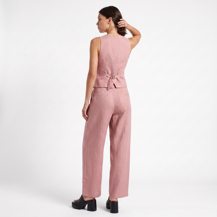 Sunoire elegant linen style waistcoat and wide leg trouser two piece set back view 01