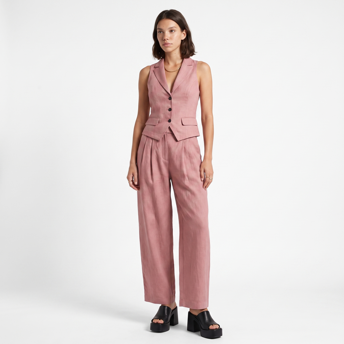 Sunoire elegant linen style waistcoat and wide leg trouser two piece set front hero 01