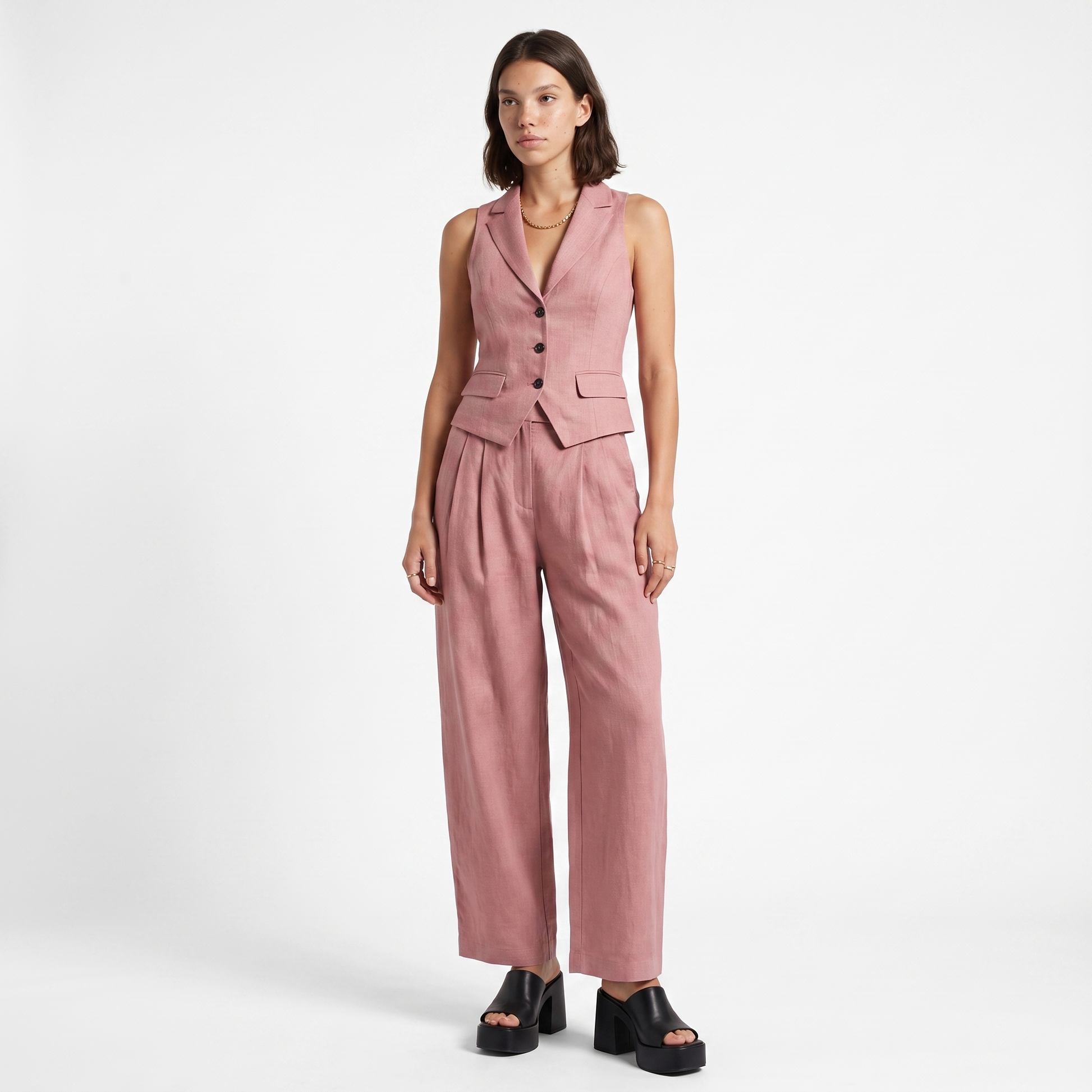 Sunoire elegant linen style waistcoat and wide leg trouser two piece set front hero 01
