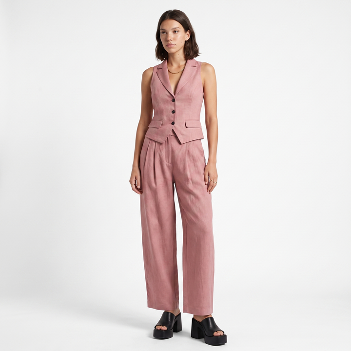 Sunoire elegant linen style waistcoat and wide leg trouser two piece set front hero 01