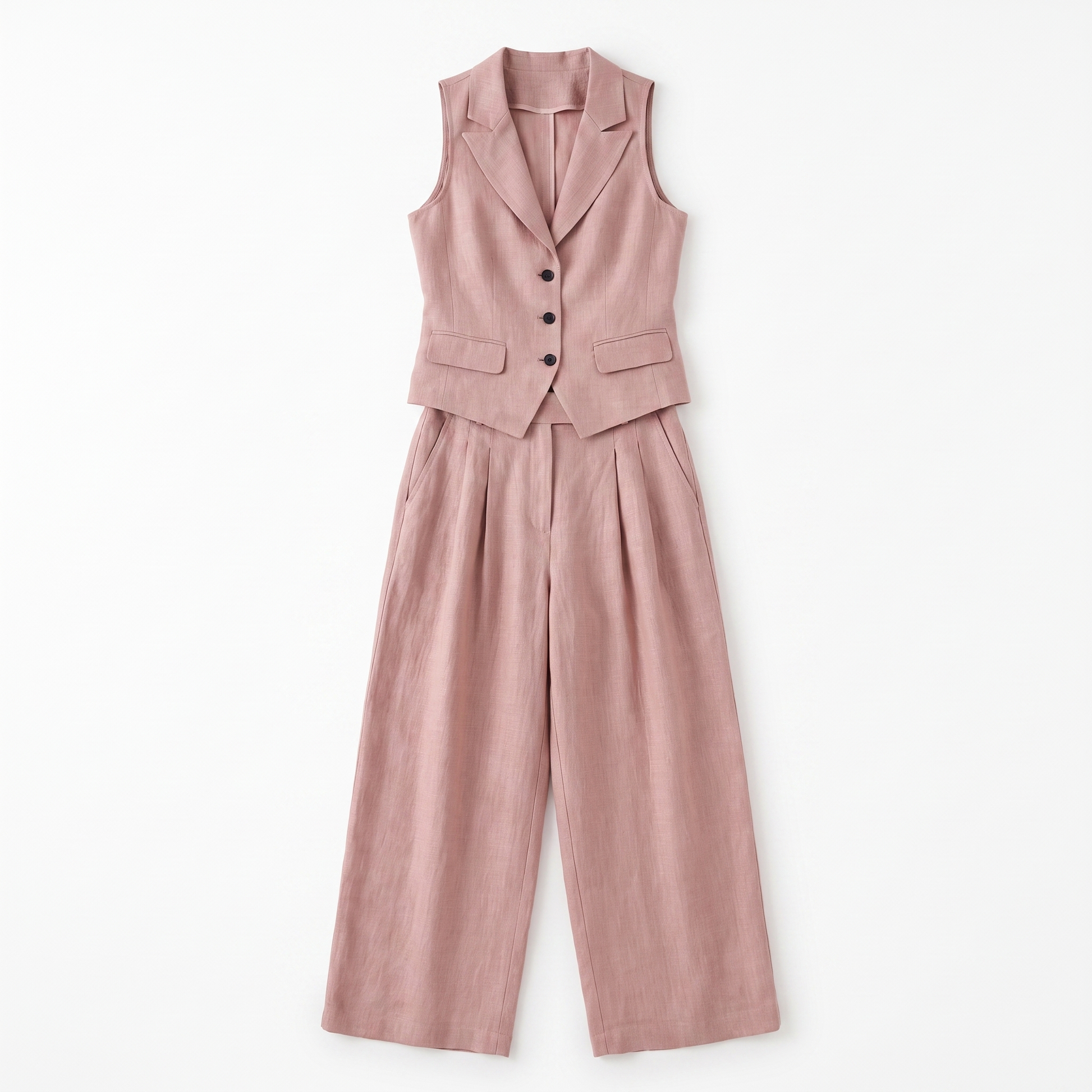 Sunoire elegant linen style waistcoat and wide leg trouser two piece set garment flatlay 01