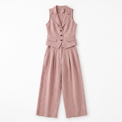Sunoire elegant linen style waistcoat and wide leg trouser two piece set garment flatlay 01